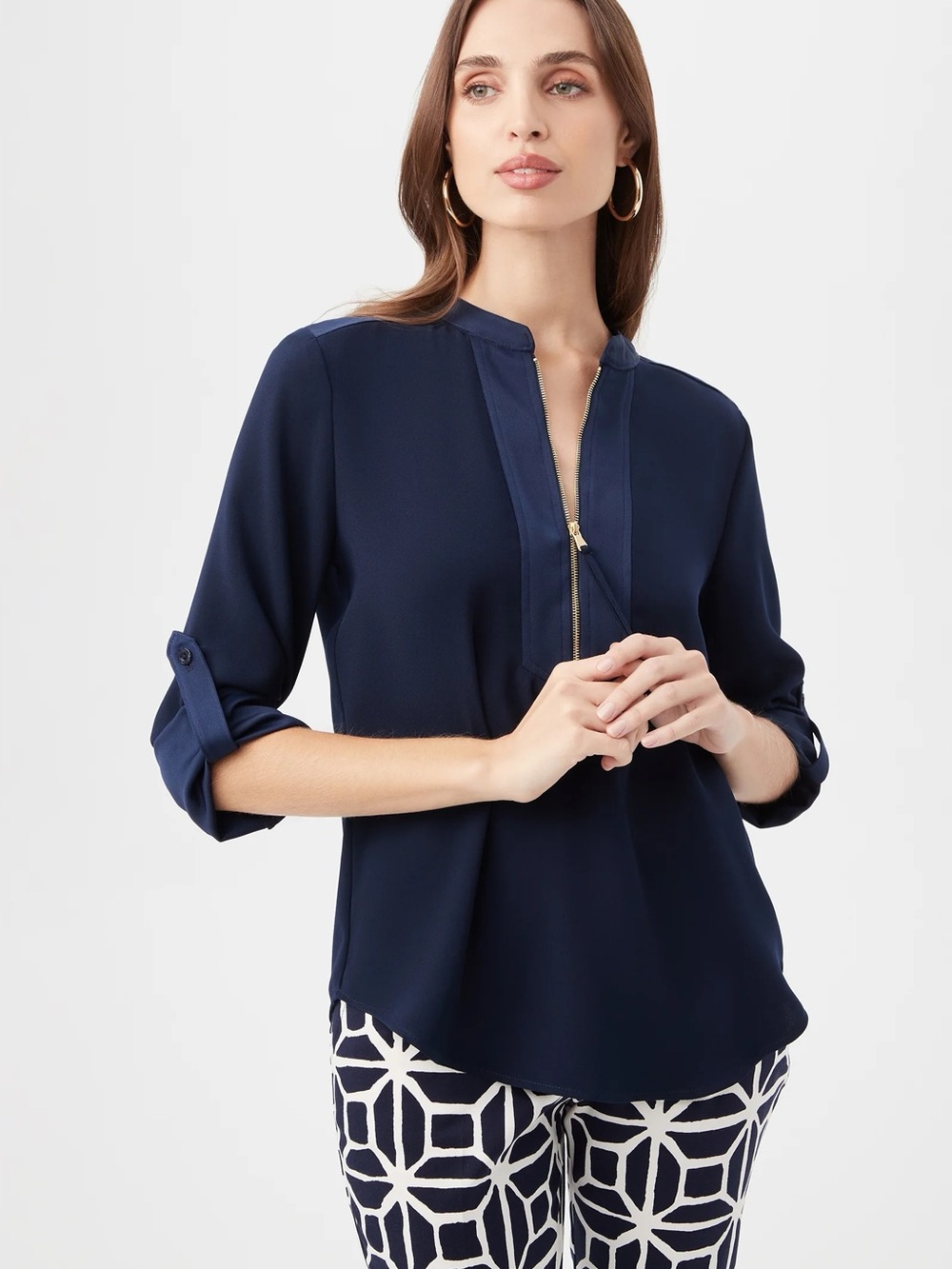 Trina Turk Kaiko Half-Zip Blouse in Navy Blue